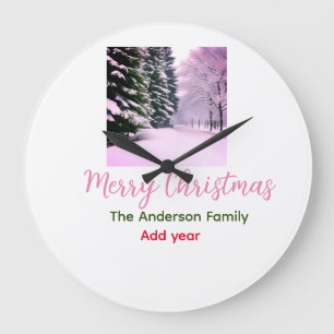 Relógio Grande Branco rosa neve feliz natal adicionar nome da fam