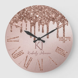 Relógio Grande Brilho Dourado Rosa Glam & Iniciais Monograma