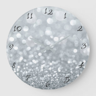 Relógio Grande Brilho Prata Branco Bokeh Glam Moderno Brilho