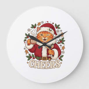 Relógio Grande Brinde Natal Gato Laranja Chapéu do Papai Noel Beb