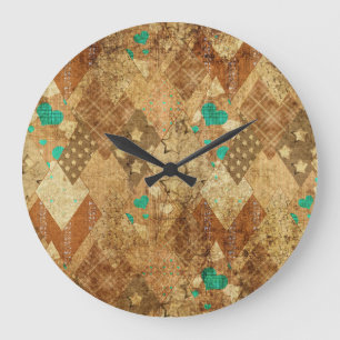 Relógio Grande Brown Grunge Quilt Stars Hearts
