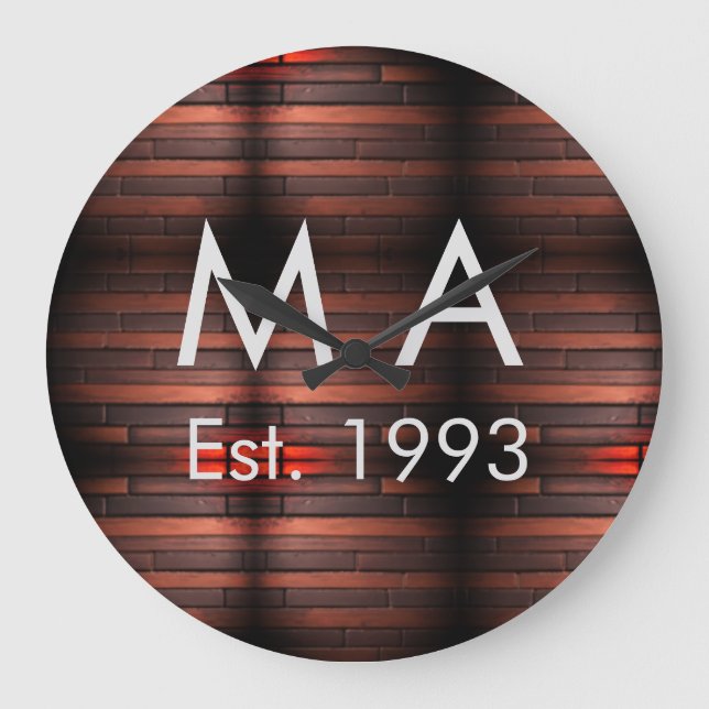 Relógio Grande Brown rustic brick stone add name letter year date (Frente)