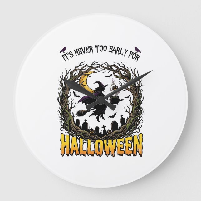 Relógio Grande Bruxa de Halloween Caldeirão Lua Cemitério Árvore  (Frente)