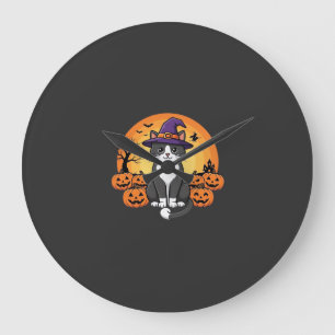 Relógio Grande Bruxa de Halloween Gato Abóbora Lua Design_1