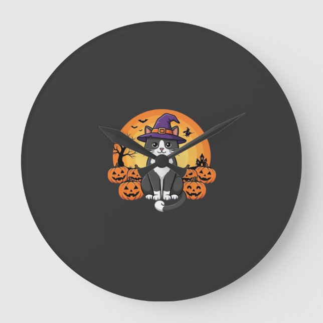 Relógio Grande Bruxa de Halloween Gato Abóbora Lua Design_1 (Frente)