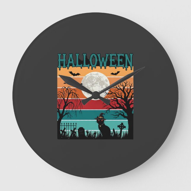 Relógio Grande Bruxa de Halloween Gato Teia de Aranha Lua Cemitér (Frente)