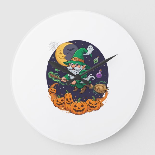 Relógio Grande Bruxa de Halloween Gnome Vassoura Abóboras Lua (Frente)