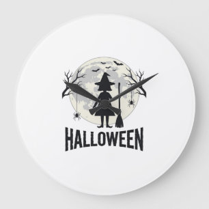 Relógio Grande Bruxa de Halloween Lua Desenho de Gravura Vintage_