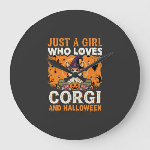Relógio Grande Bruxa Menina Corgi Halloween Horror Antigo