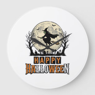 Relógio Grande Bruxa Vintage Feliz Halloween Desenho Vetorial_1