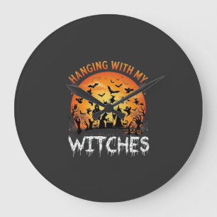 Relógio Grande Bruxas Penduradas Lua de Halloween Morcegos Abóbor