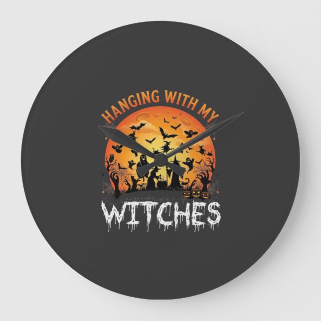 Relógio Grande Bruxas Penduradas Lua de Halloween Morcegos Abóbor (Frente)