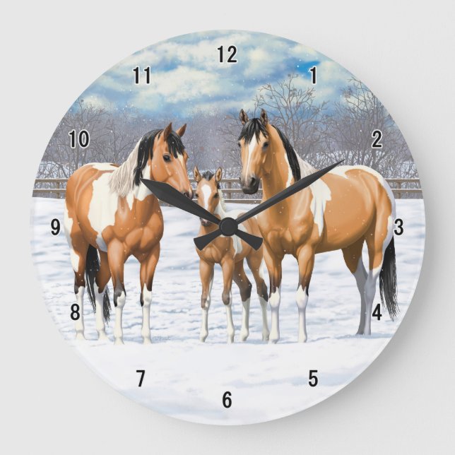 Relógio Grande Buckskin Paint Horses In Snow (Frente)