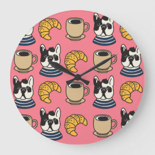 Relógio Grande Buldogue francês, café, tema croissant.