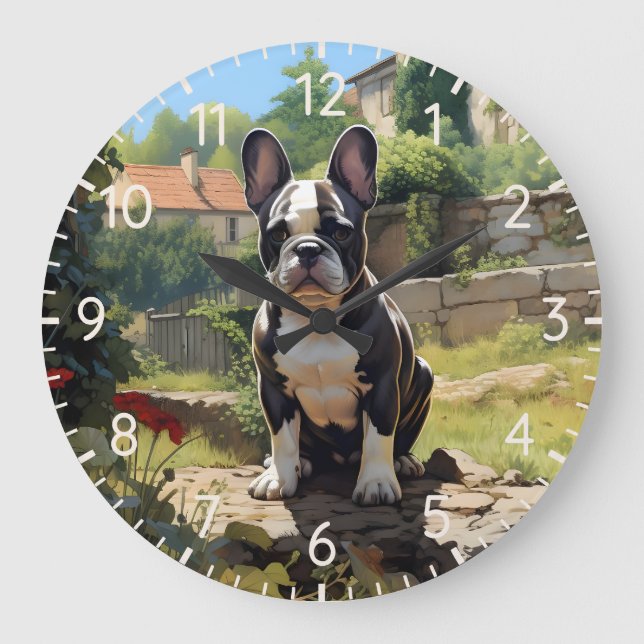 Relógio Grande Buldogue Francês Sentado Numa Parede (Frente)