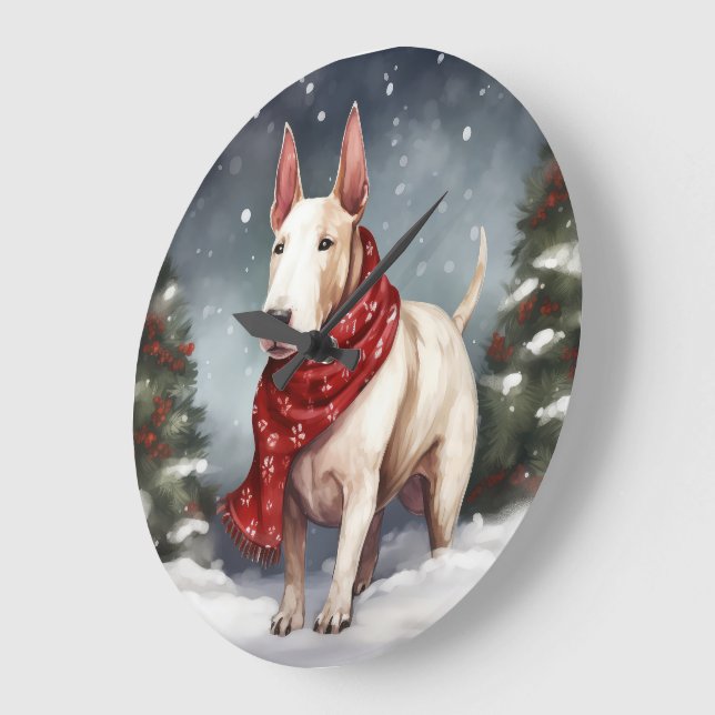 Relógio Grande Bull Terrier Dog no Natal da Neve (Ângulo)