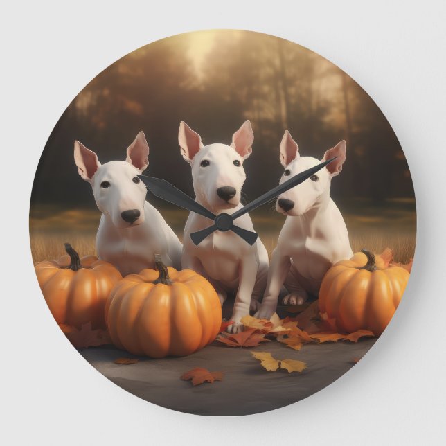 Relógio Grande Bull Terrier Puppy Autumn Delight Pumpkin (Frente)