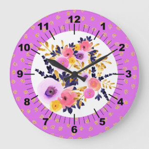 Relógio Grande Buquê Floral Rosa e Roxo