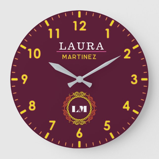 Relógio Grande Burgundy and Gold Personalized Custom Monogram  (Frente)