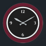 Relógio Grande Burgundy Black & White Minimalist<br><div class="desc">O relógio moderno apresenta um design minimalista em uma paleta de cores preto e branco, arrojada. Um simples design simples com números brancos em um fundo preto com uma borda colorida de vinho borrado. Uma adição na moda moderna à sua cozinha, sala de estar ou muro de escritório, um presente...</div>