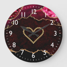 Relógio Grande Burgundy Red & Gold Faux Glitter Agate & Heart