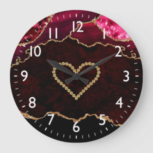 Relógio Grande Burgundy Red & Gold Faux Glitter Agate & Heart
