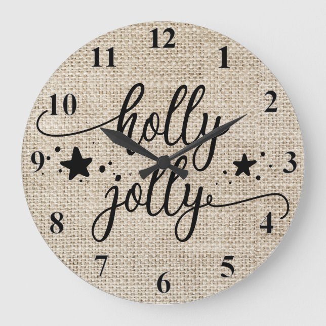 Relógio Grande Burlap Russo com Holly Jolly Clock (Frente)