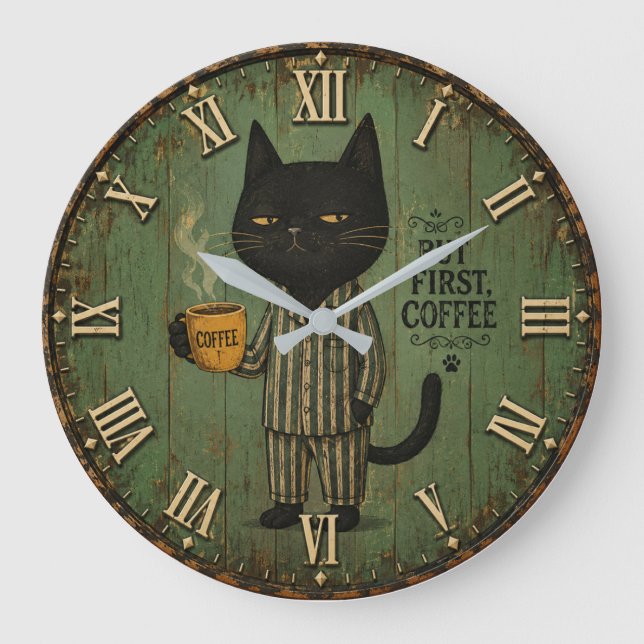 Relógio Grande But First Coffee Black Cat (Frente)