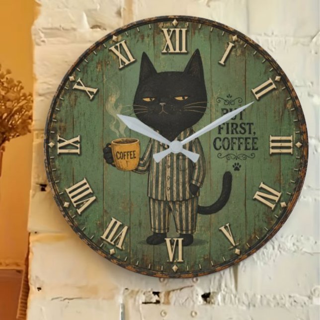 Relógio Grande But First Coffee Black Cat (Criador carregado)