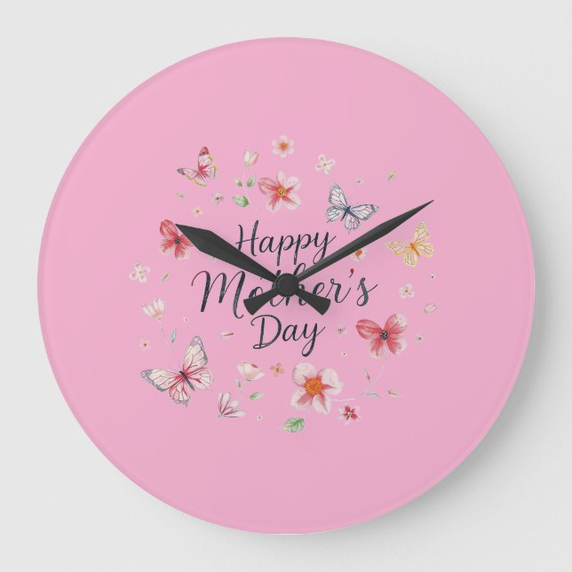 Relógio Grande Butterfly and Floral Happy Mother's Day (Frente)