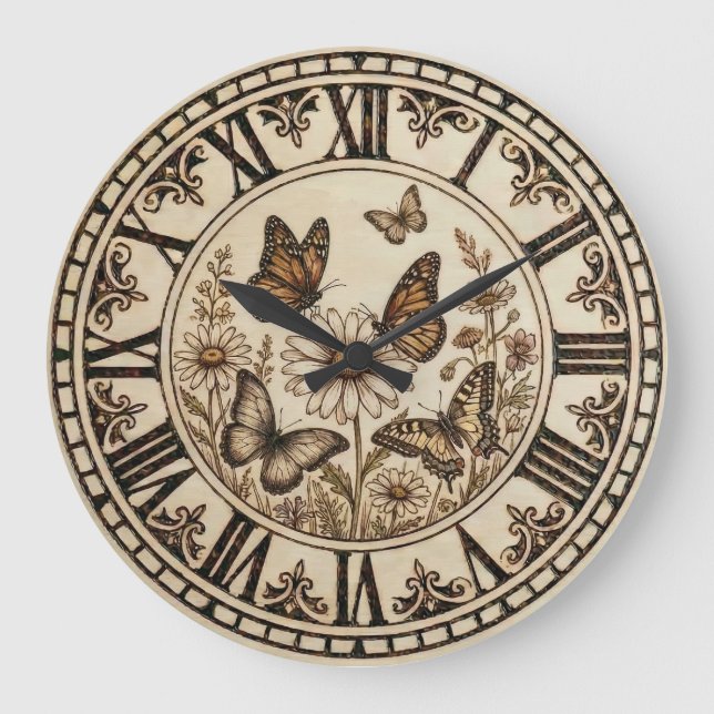 Relógio Grande Butterfly Garden Wall Clock – Wood-Burned style  (Frente)