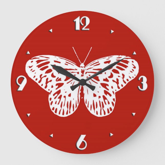 Relógio Grande Butterfly sketch, deep red and white (Frente)