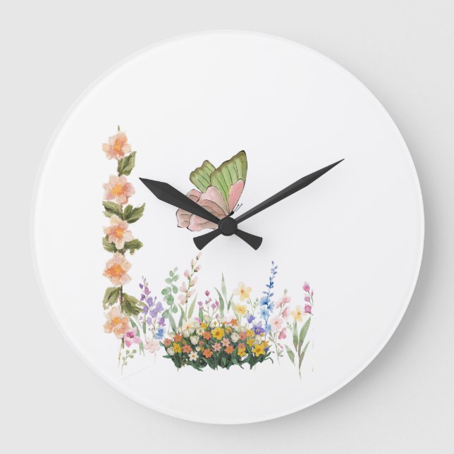 Relógio Grande Butterfly & Wildflower Garden Wall Clock – Soft Pi (Frente)