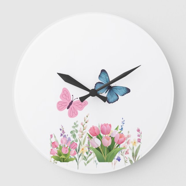 Relógio Grande Butterfly & Wildflower Garden Wall Clock – Soft Pi (Frente)