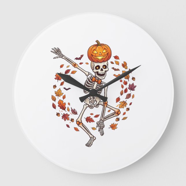 Relógio Grande Cabeça de Abóbora de Esqueleto Dançante de Hallowe (Frente)