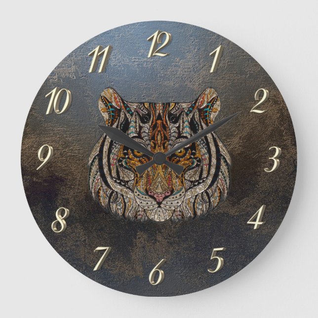Relógio Grande Cabeça de Tigre Legal com Visual de Couro (Frente)