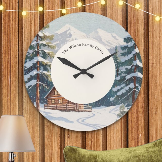 Relógio Grande Cabina da Família de Feriados de Neve Rustic Count (Step into a rustic winter wonderland with a personalized family cabin picture clock)