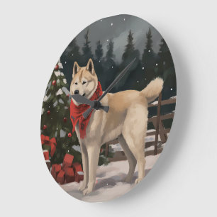Relógio Grande Cachorro Akita na Neve Natal