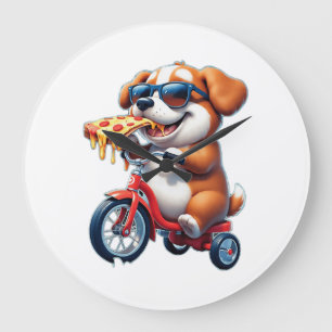 Relógio Grande cachorro andando de bicicleta comendo pizza