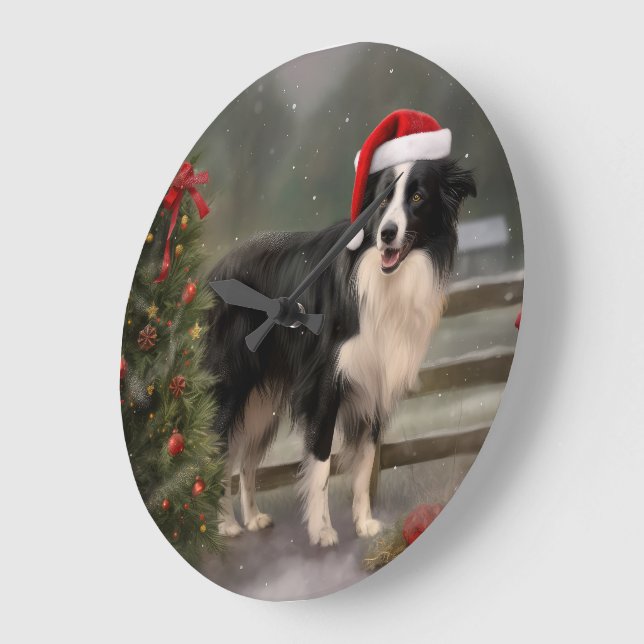 Relógio Grande Cachorro Border Collie na Neve Natal (Ângulo)