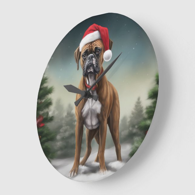 Relógio Grande Cachorro Boxer na Neve Natal  (Ângulo)