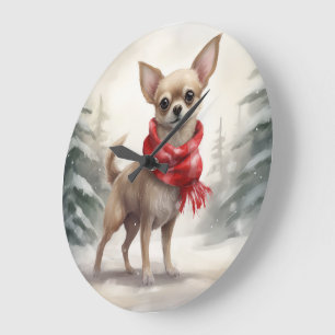 Relógio Grande Cachorro Chihuahua na neve Natal 