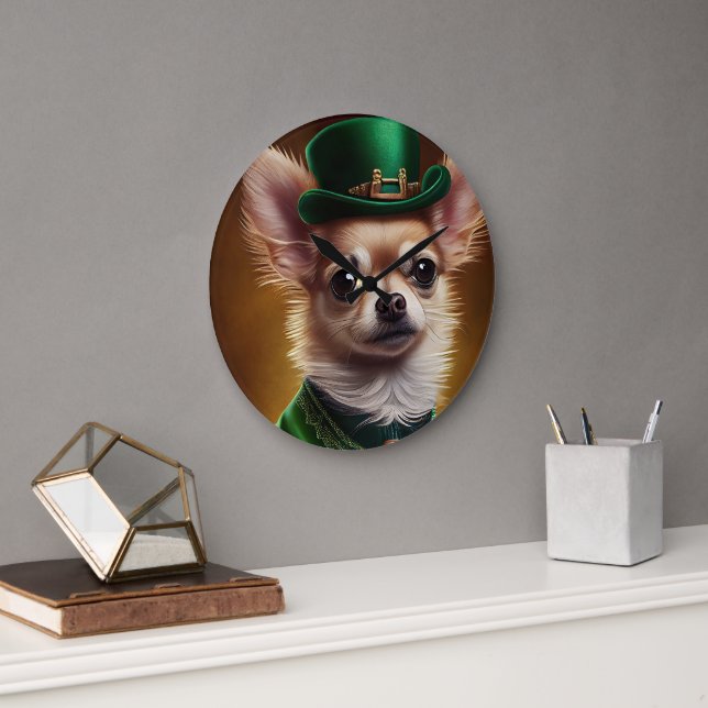 Relógio Grande Cachorro Chihuahua vestido para o Dia de São Patrí (Escritório)
