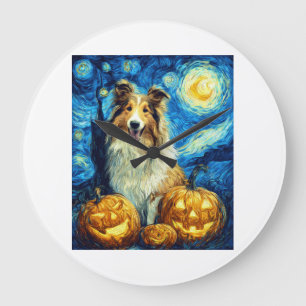 Relógio Grande Cachorro Collie Áspero Fofo Abóbora de Halloween J