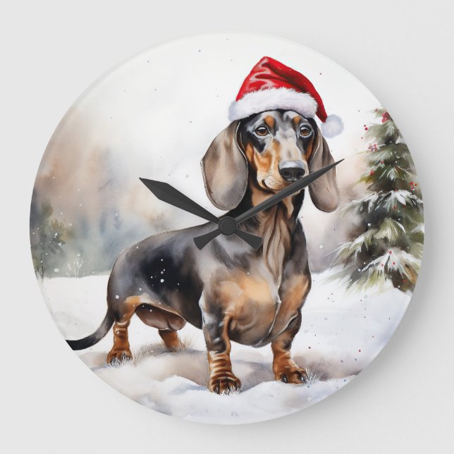 Relógio Grande Cachorro Dachshund na Neve Natal (Frente)
