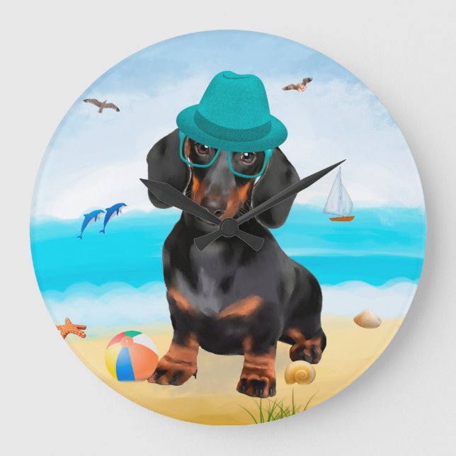 Relógio Grande Cachorro Dachshund na Praia (Frente)