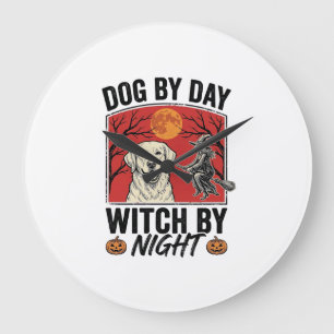 Relógio Grande Cachorro de Dia Bruxa de Noite Vintage Halloween C