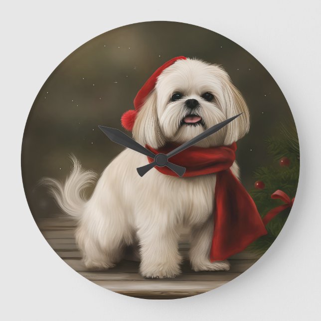 Relógio Grande Cachorro de Lhasa Apso no Natal da Neve (Frente)