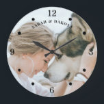 Relógio Grande Cachorro de Mulher Fotográfica Personalizada<br><div class="desc">Um relógio de parede com uma doce e amável fotografia de uma mulher e do seu cão. Você deve substituir esta foto de espaço reservado carregando sua própria foto de você e seu animal de estimação. Adicione qualquer animal de estimação.</div>