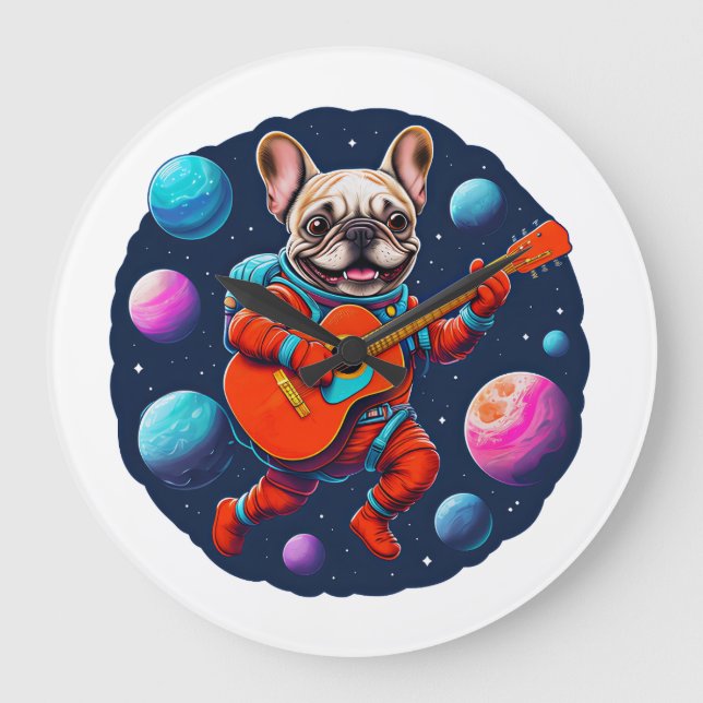 Relógio Grande Cachorro Francês Bonito Astronauta Tocando Guitarr (Frente)
